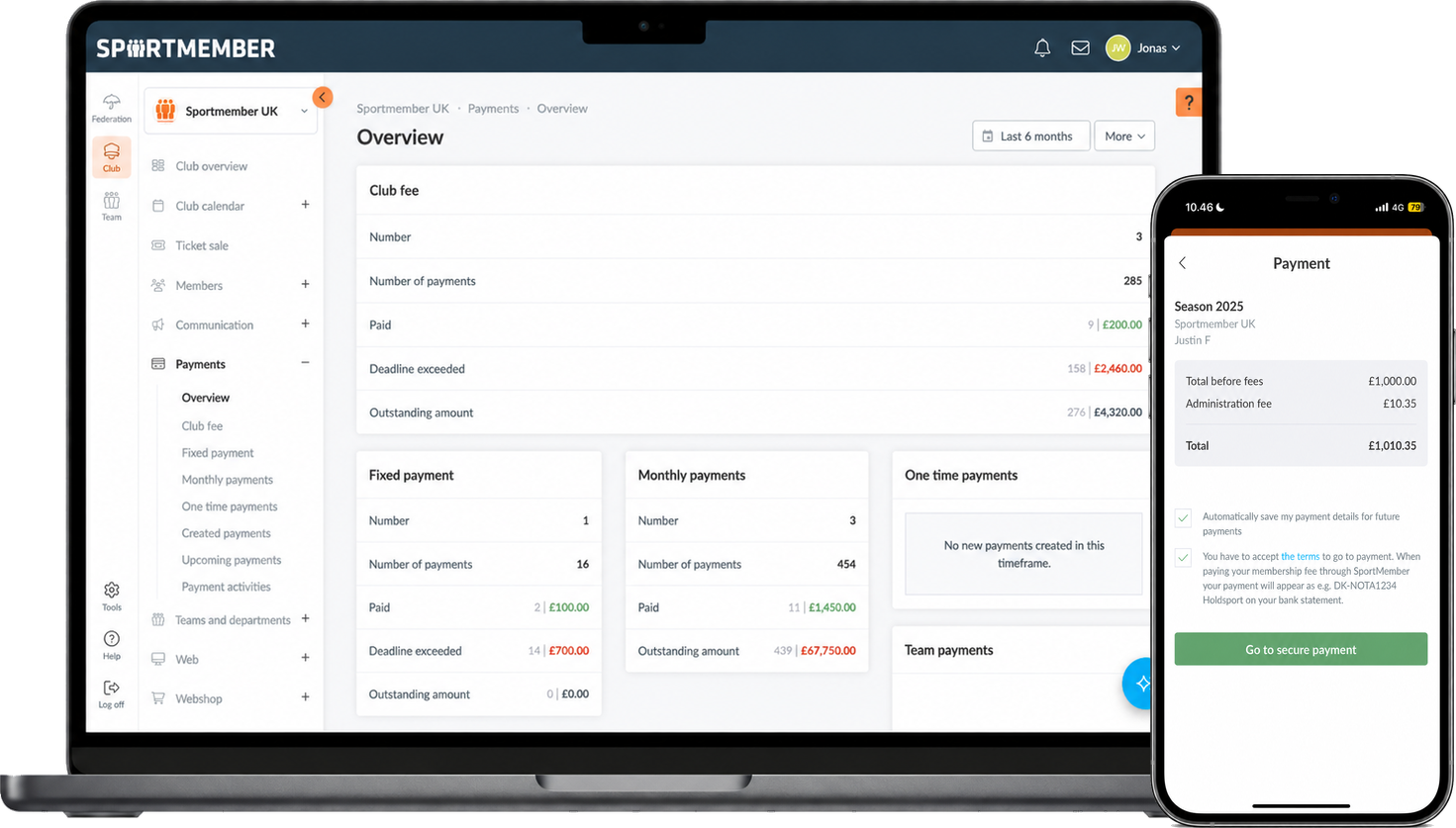 SportMember payment overview on a laptop and the member payment screen in the app
